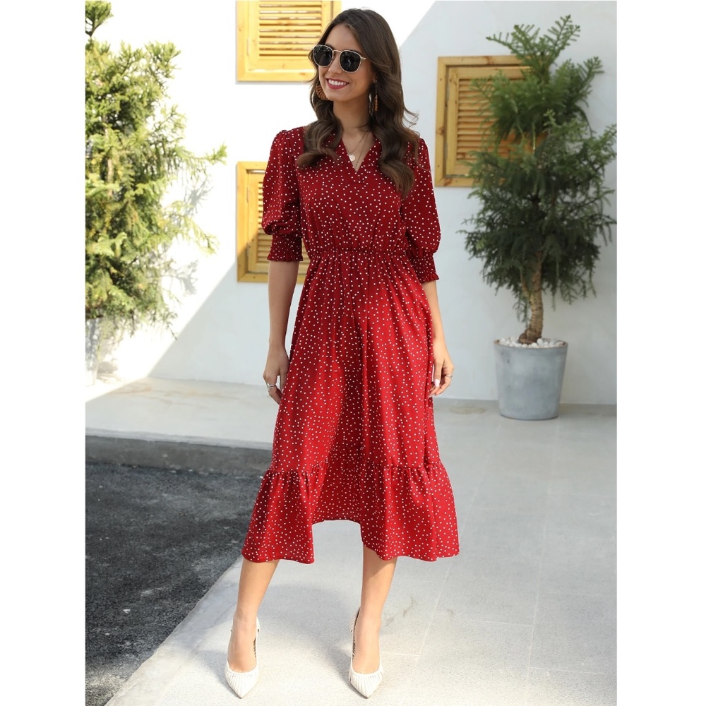 Polka Dot Red Midi Dress V-Neck Half Sleeve - Picture 4 of 7